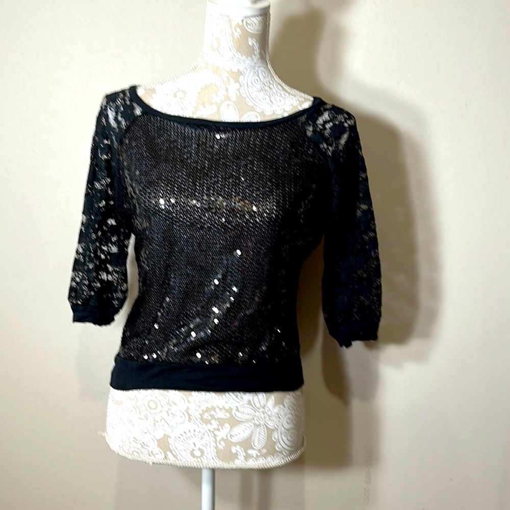 Black sheer sequin lace top
